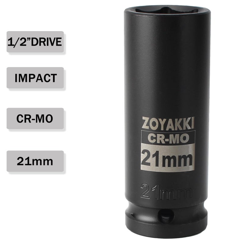 ZOYAKKI 1/2 "" Drive x 21 mm Deep 6 PT Impact Socket  CR-MO  1/2-inch Drive 6 Point Axle Nut Socket for Easy Removal of Axle Shaft Nuts (21MM) - Image 3